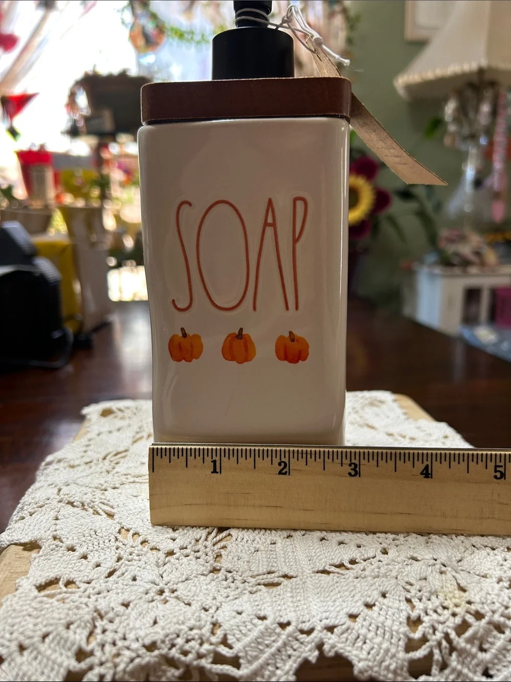 Rae Dunn Ceramic Square Soap Dispenser Wood Top “SOAP” and Pumpkins Decor NWT